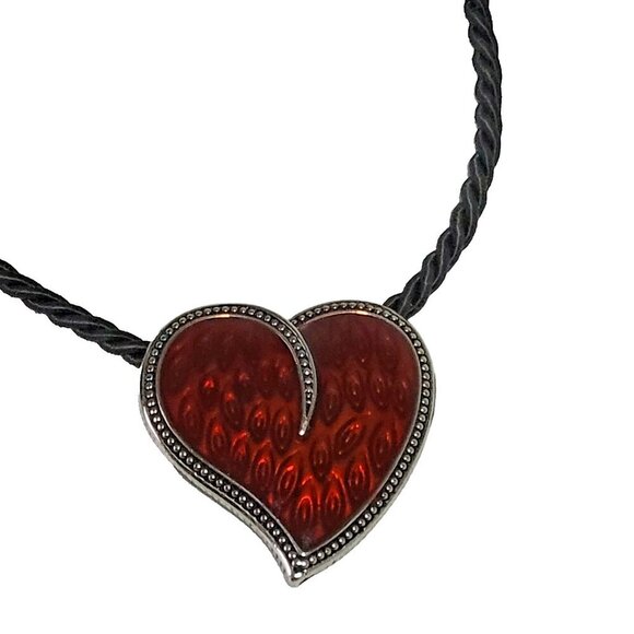 Lia Sophia Heart Pendant Necklace Silver Tone Black Cord Deep Red Enamel - Picture 2 of 3